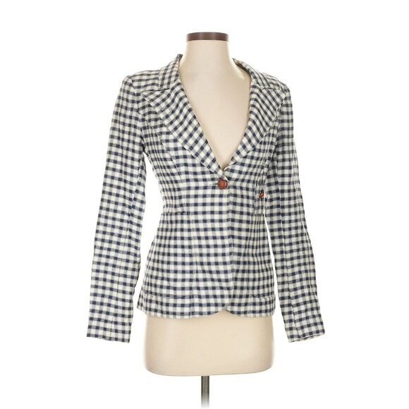 Smythe Plaid Brown Leather Linen Blazer 2 - Picture 1 of 10